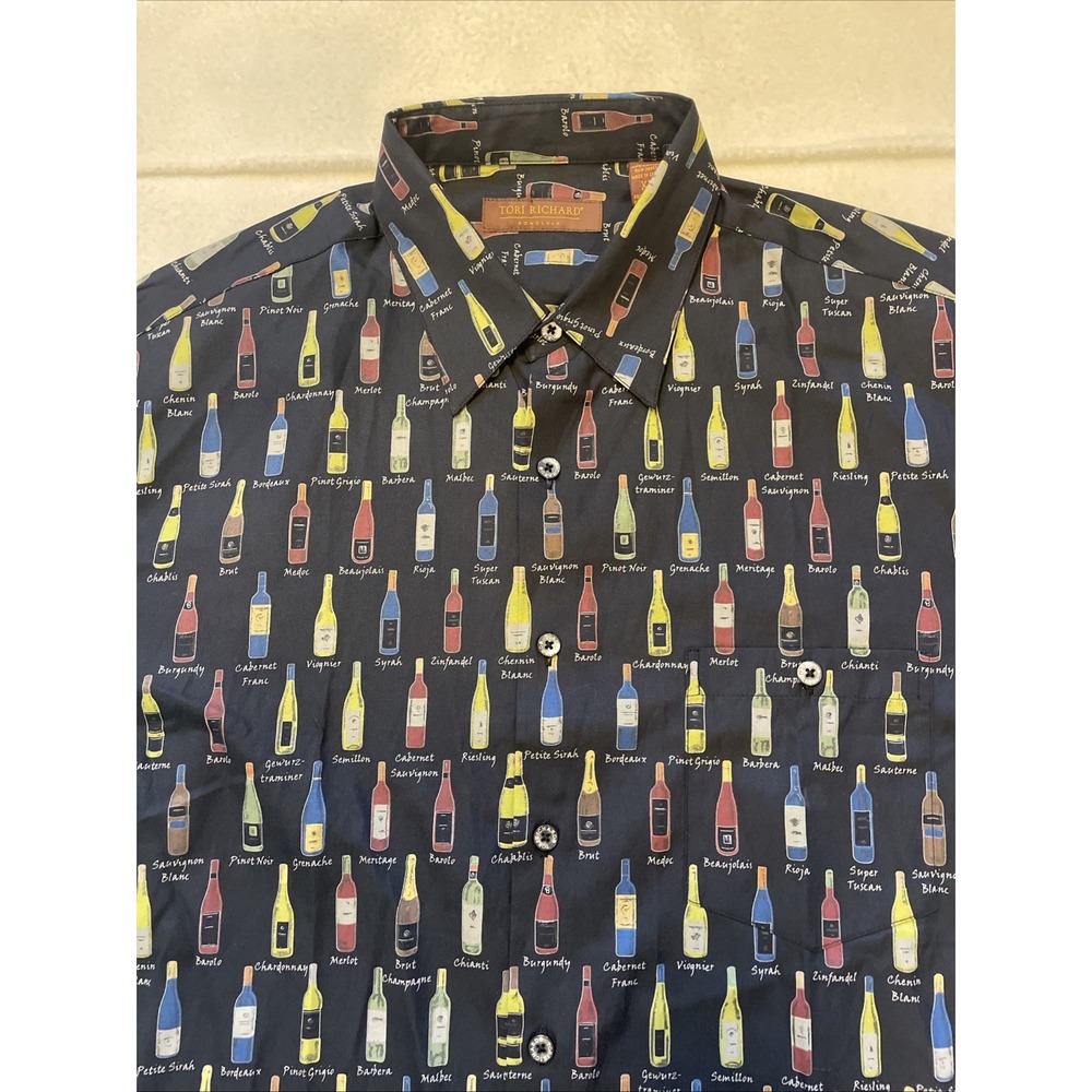 Tori Richard Hawaiian Shirt Mens Size XL Silk Wine Bottle Black Short Sleeve